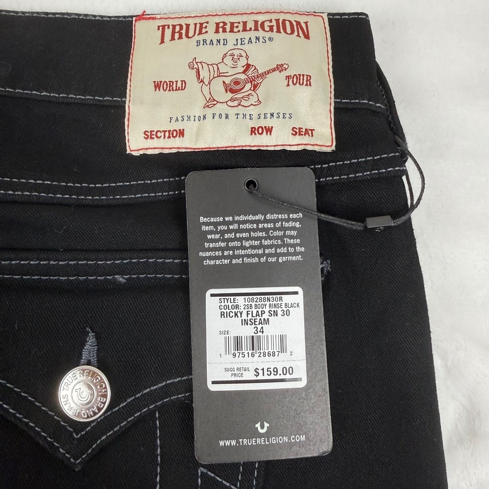 True Religion Ricky Flap SN Black Jeans Mens 34x30 (Fit 36x29) Straight Leg NEW - Picture 2 of 10